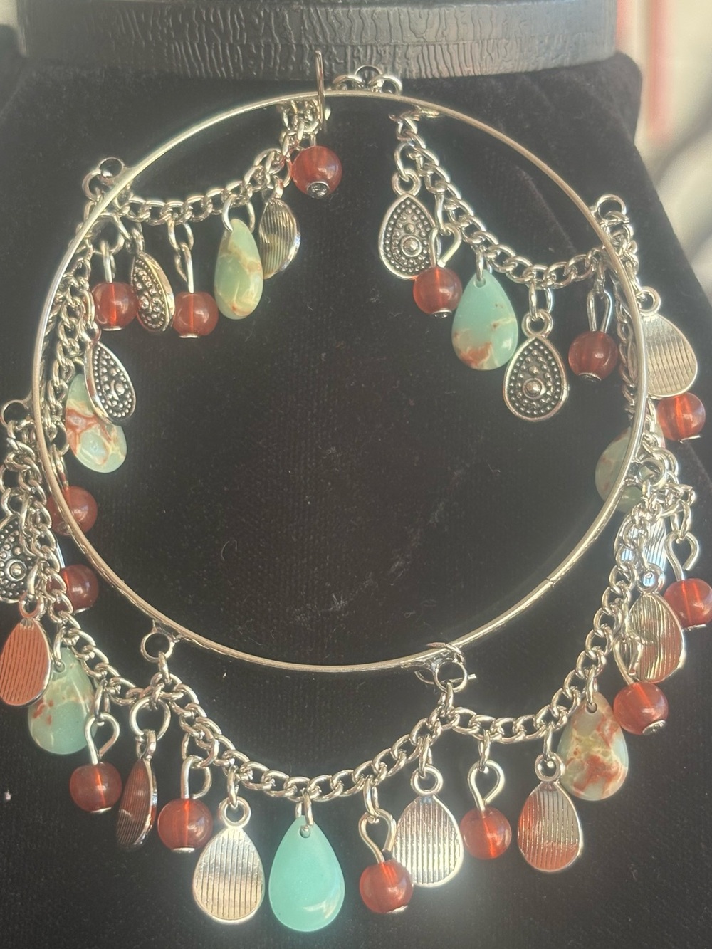 Silver Charm Hoop Earrings with Turquoise and Amber Beads